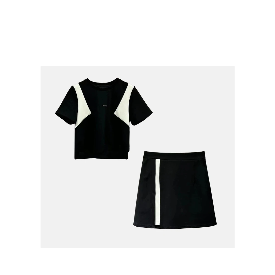 【直播】93053夏季小香风黑色半裙T恤气质显瘦撞色套装小众2件套