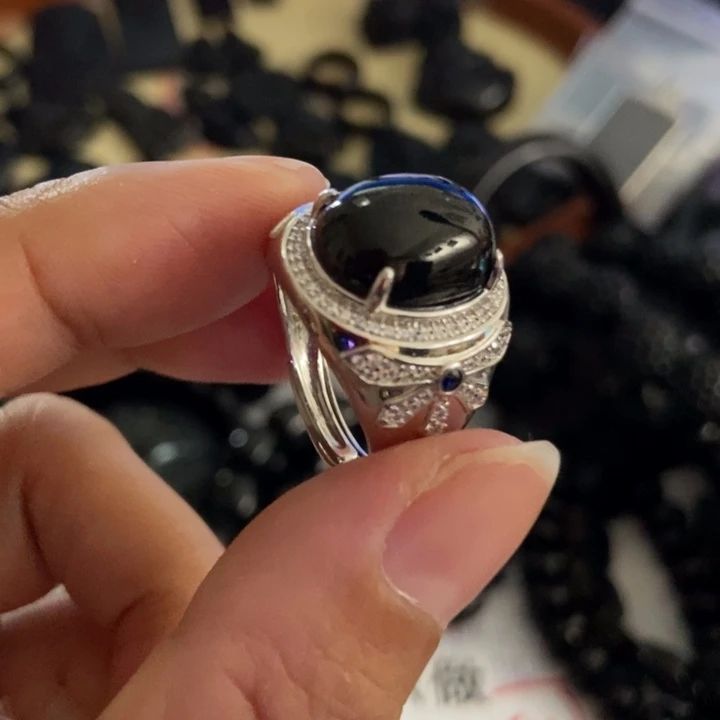 翡翠银S925镶嵌戒指墨翠