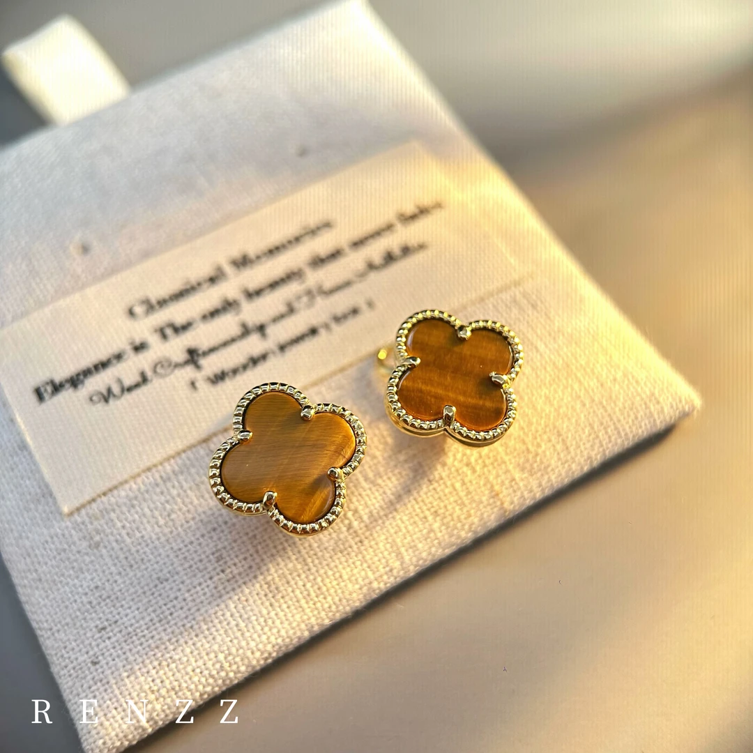 1007 虎眼石/s925银耳针/高定设计师幸运草耳钉