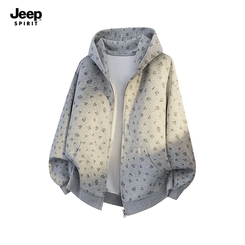 JEEPSPIRIT吉普连帽秋常规碎花长袖印花卫衣休闲上衣时尚防紫外线