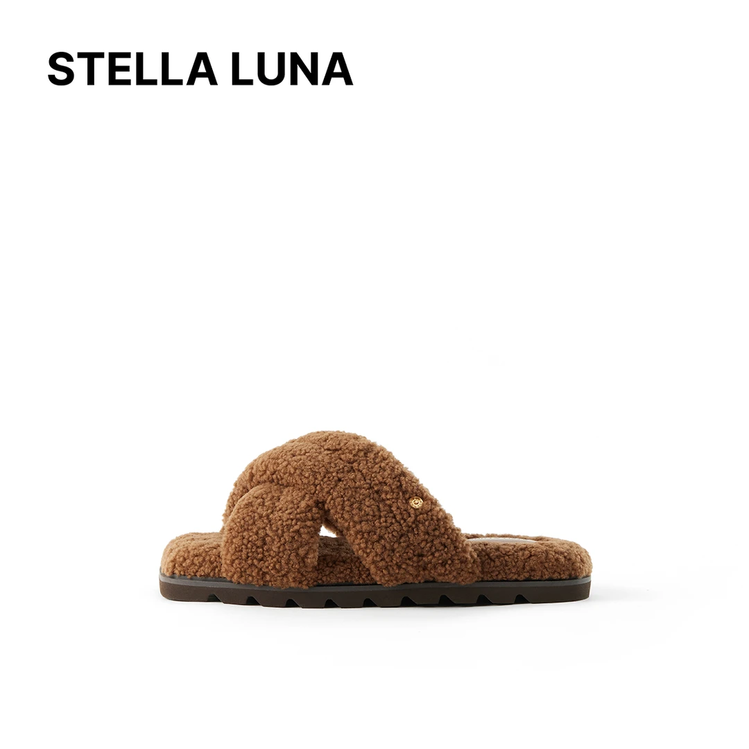 STELLA LUNA女鞋25FW新款橡胶大底羊卷毛百搭时尚经典素面毛毛拖