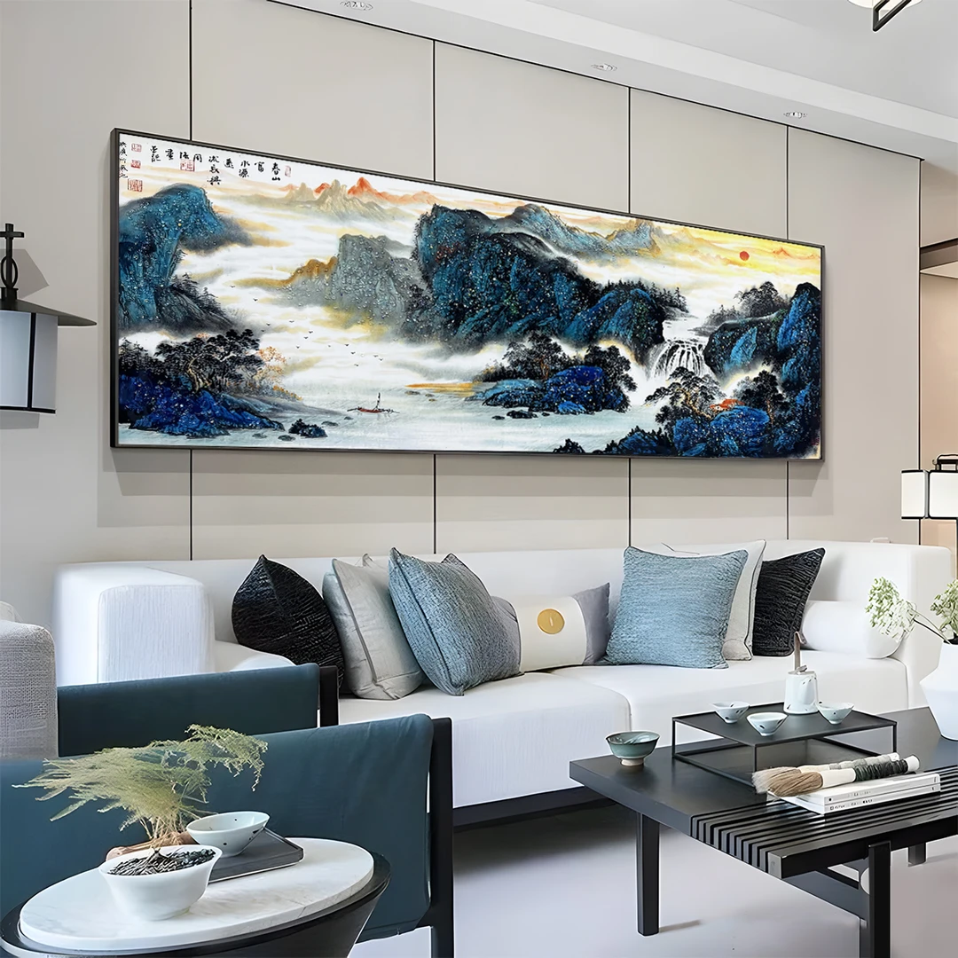 新中式客厅镶钻挂画沙发背景墙画办公室画茶室装饰画山水70200