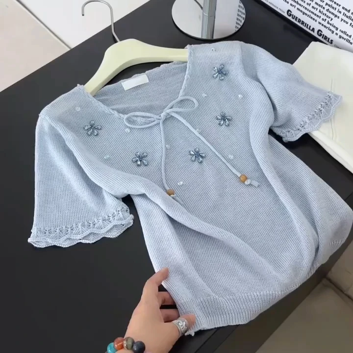 雾霾蓝重工手工镶钻设计短袖针织衫女装夏季韩系宽松系带V领上衣