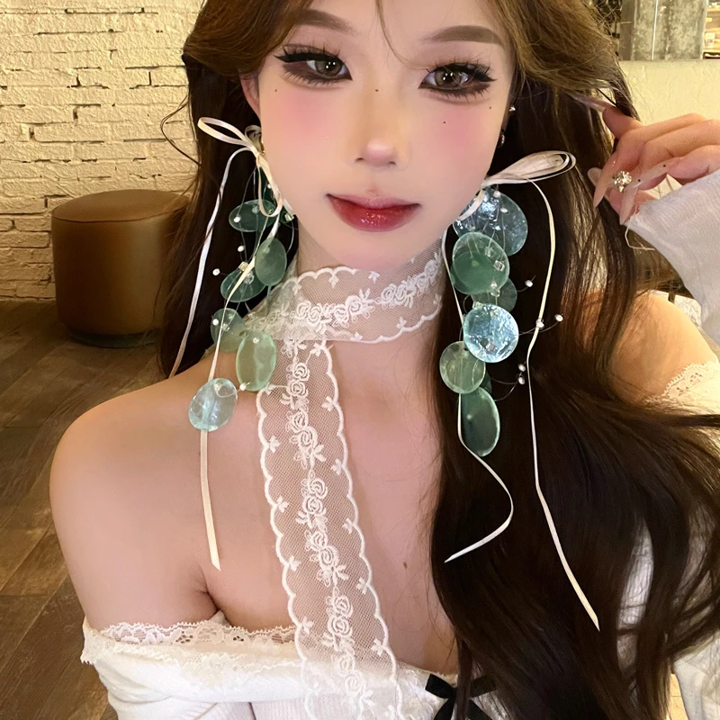 娟姨 铜合金布艺耳饰 甜美少女超仙度假蝴蝶结贝壳流苏夸张耳环女