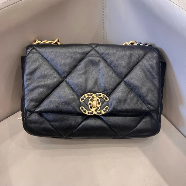 99新 Chanel/香奈儿 19bag黑金黑色中号链条包小号28开单肩