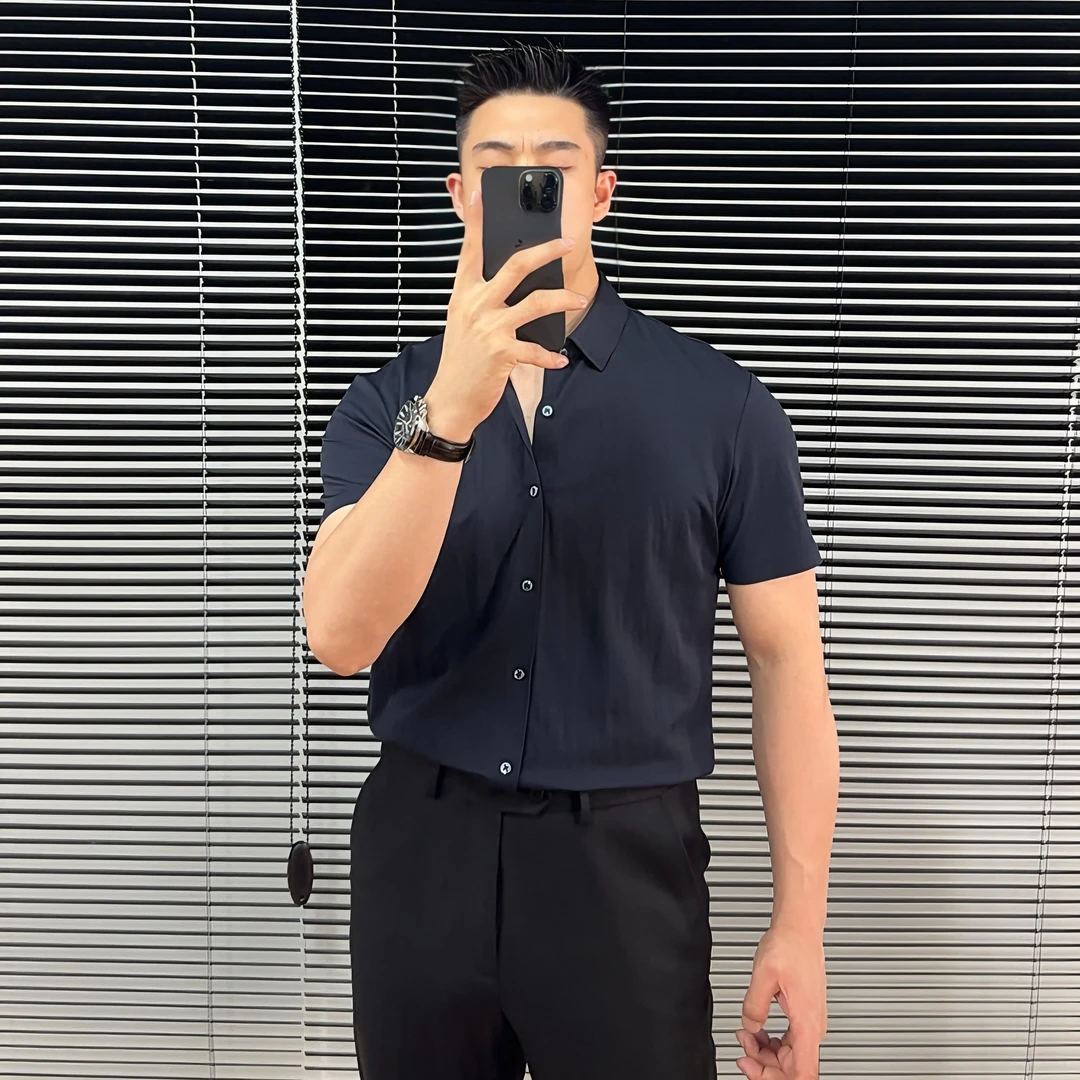 轻奢高品质薄款透气清爽亚麻弹力短袖衬衣男商务休闲潮流衬衫男装