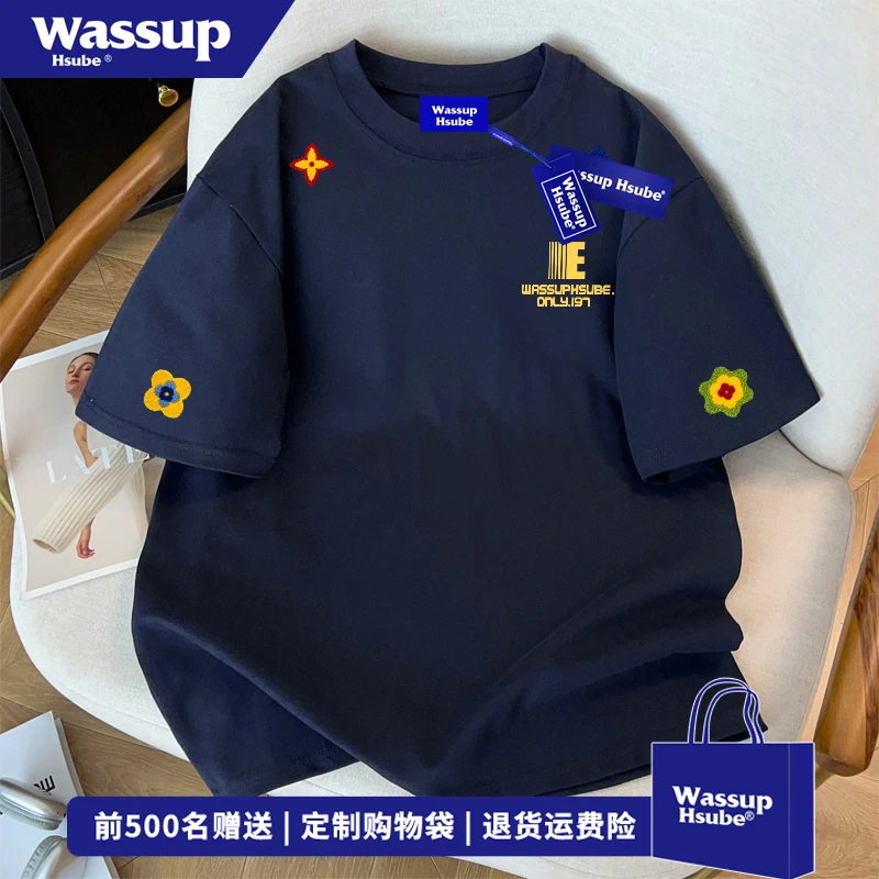 WASSUP HSUBE美式休闲高级感印花短袖t恤男街头复古宽松纯棉上衣