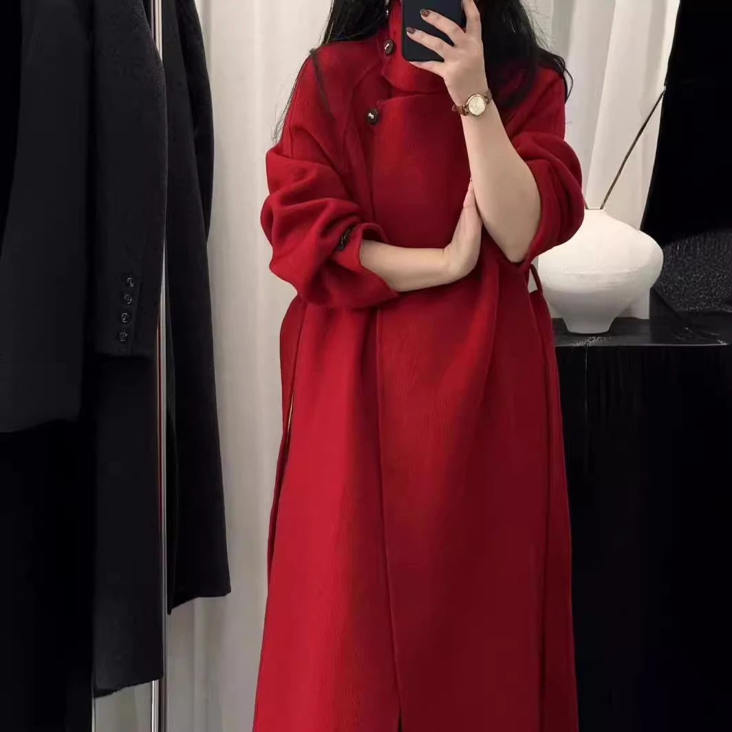 美女秋冬穿搭【谜秀】濮院2025年秋款立领金属扣双面羊毛大衣气质