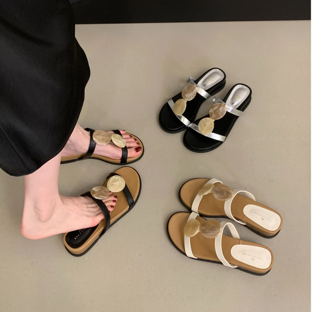 法式坡跟气质小众银色设计感露趾鞋女外穿仙女配裙子绝美厚底拖鞋