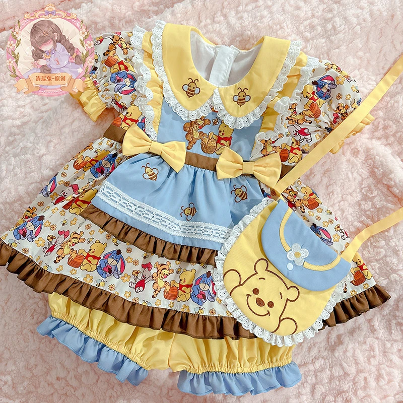 原创童装设计维尼熊女童小套装两件套娃娃衫围裙日常女儿装裙衫