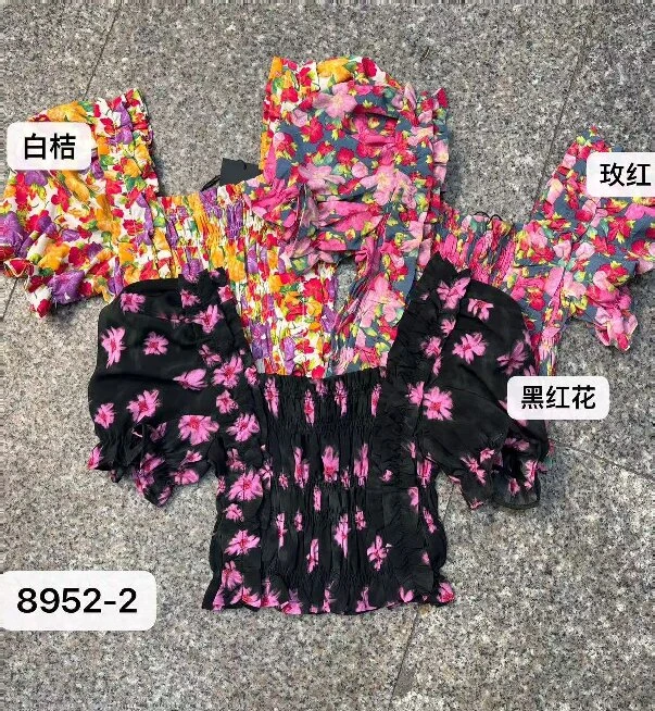 欧街-印花弹力褶皱短袖03146