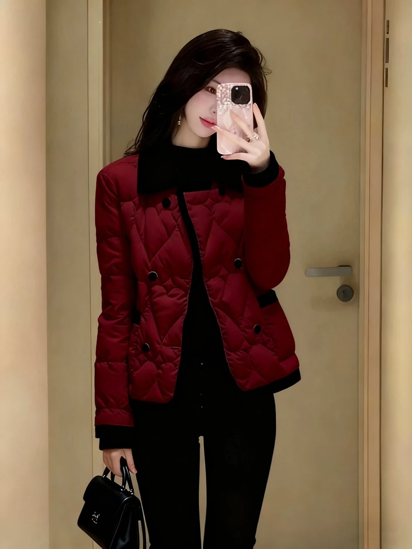 酒红色棉服外套女初冬高端时髦洋气名媛小香风超好看翻领加厚棉衣