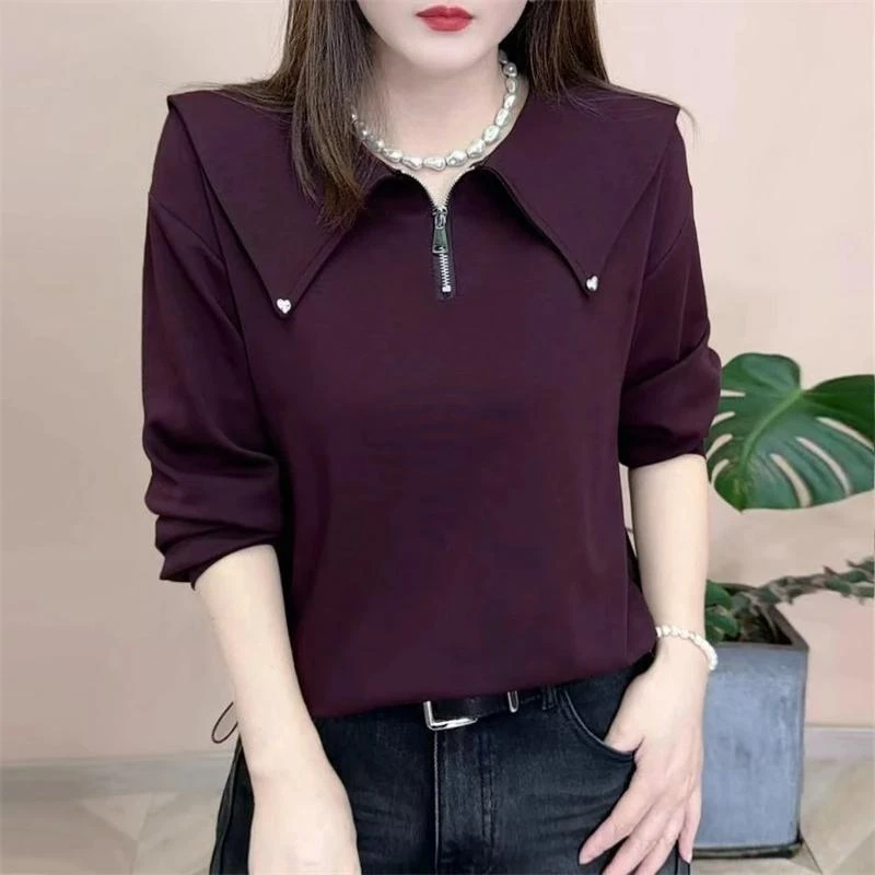 2025秋季新品时尚百搭纯色显瘦洋气半拉链设计感女士长袖上衣8194