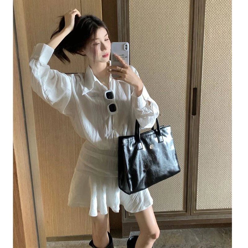 学院风短裙春秋褶皱假两件修身衬衣长袖衬衫裙连衣裙收腰森系超仙