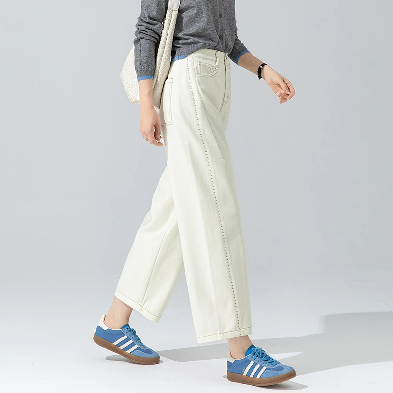 美式弯刀裤女2025年新款秋季天丝棉阔腿裤设计感米白色九分牛仔裤