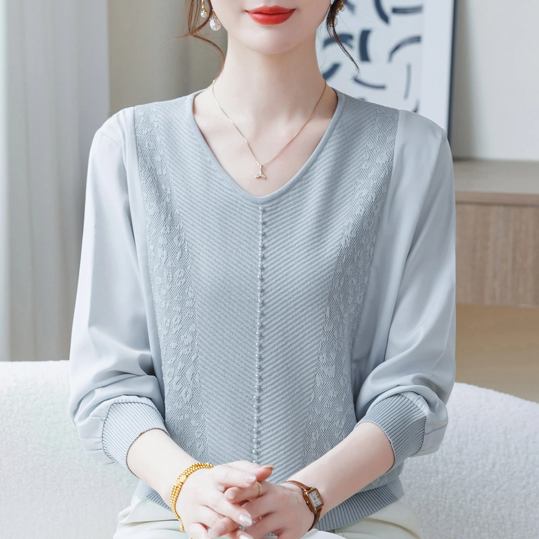 妈妈秋装薄款纱袖针织上衣时尚2025新款V领春秋T恤小衫中老年女装