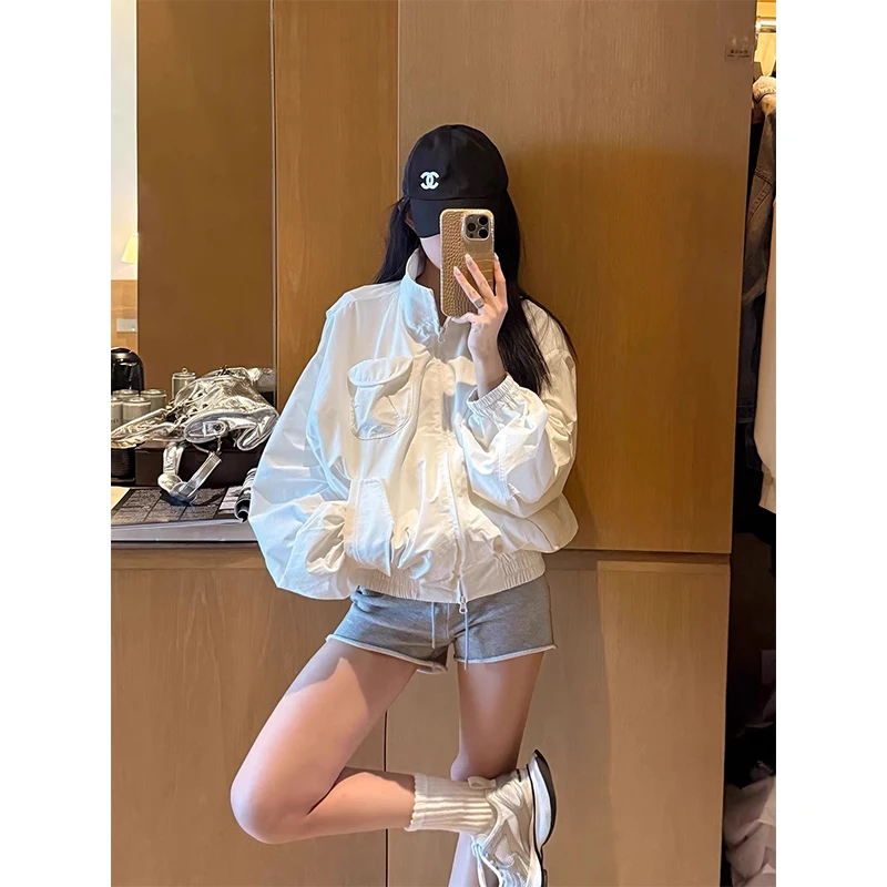 春夏季洋气衣服女美式运动休闲宽松夹克外套上衣高腰外穿显瘦短裤