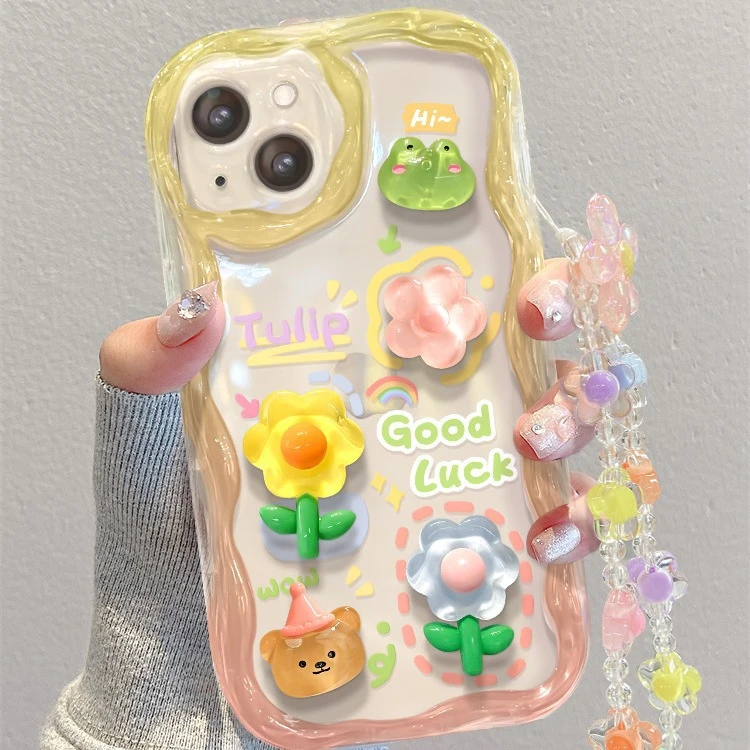 适用苹果15手机壳iPhone14渐变青蛙花公仔链条13透明硅胶12保护套