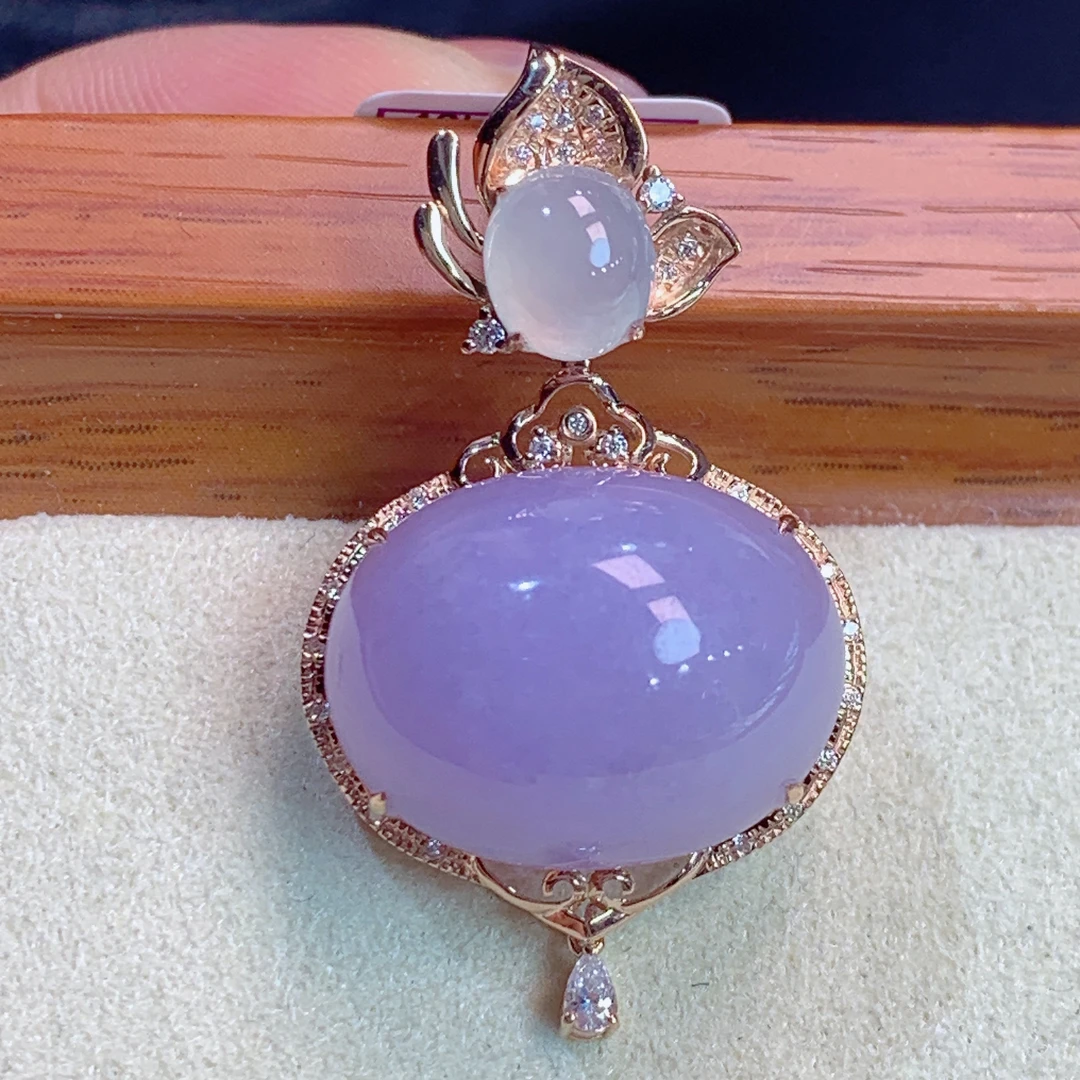 天然缅甸A货翡翠18k金浓紫罗兰蛋面吊坠j整36裸石14.8/19.2/9.8mm