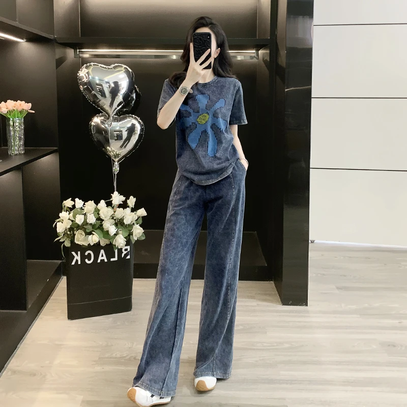 休闲风时尚套装两件套裤子时尚复古印花套装高腰减龄显瘦短袖蓝色