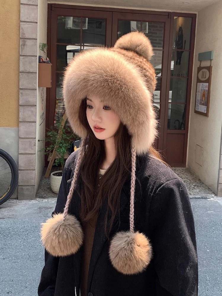 水貂毛护耳毛绒帽子女秋冬东北保暖狐狸毛皮草雷锋帽高级感显脸小