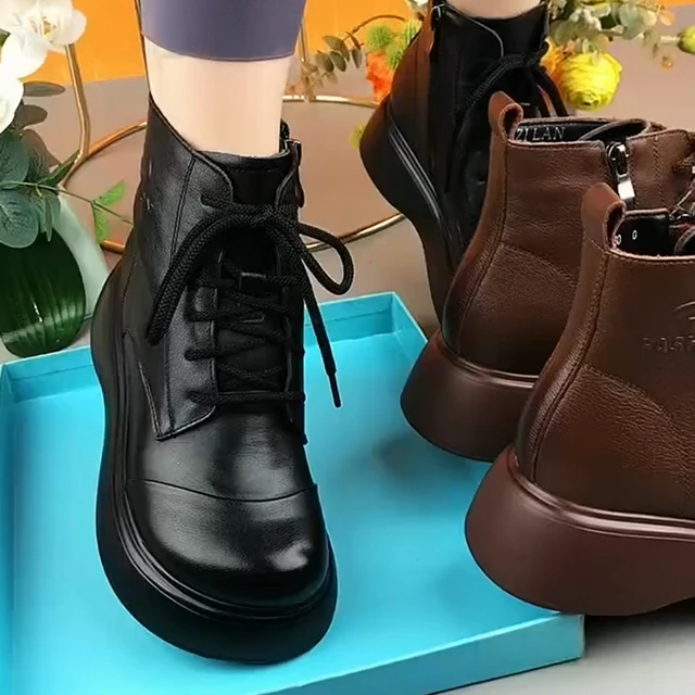 真皮马丁靴女2025年秋冬季新款牛皮圆头松糕厚底女靴加绒羊毛短靴