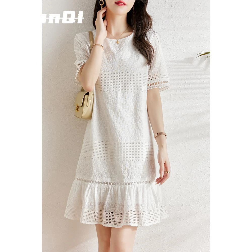 淳启白色蕾丝连衣裙女夏装新款小个子时尚宽松显瘦气质休闲A字裙