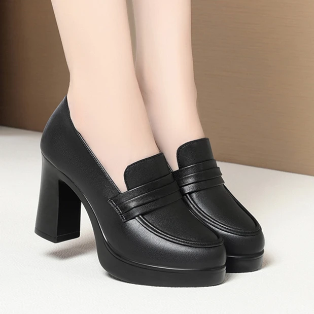 春秋新款高跟鞋中年女士气质鞋厚底粗跟粗跟妈妈皮鞋女黑色工作鞋
