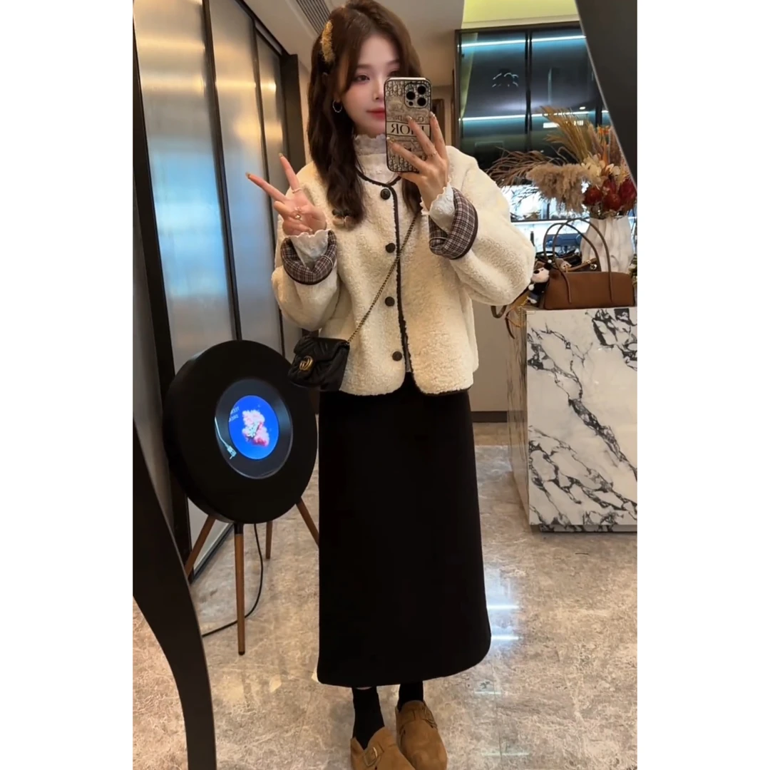 韩系秋冬显瘦小香风时尚气质冬季短外套半身裙两件套