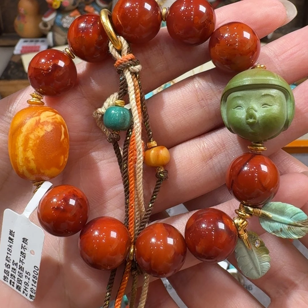 绿松石18K金镶嵌手串绿松石嘟嘟嘴南红