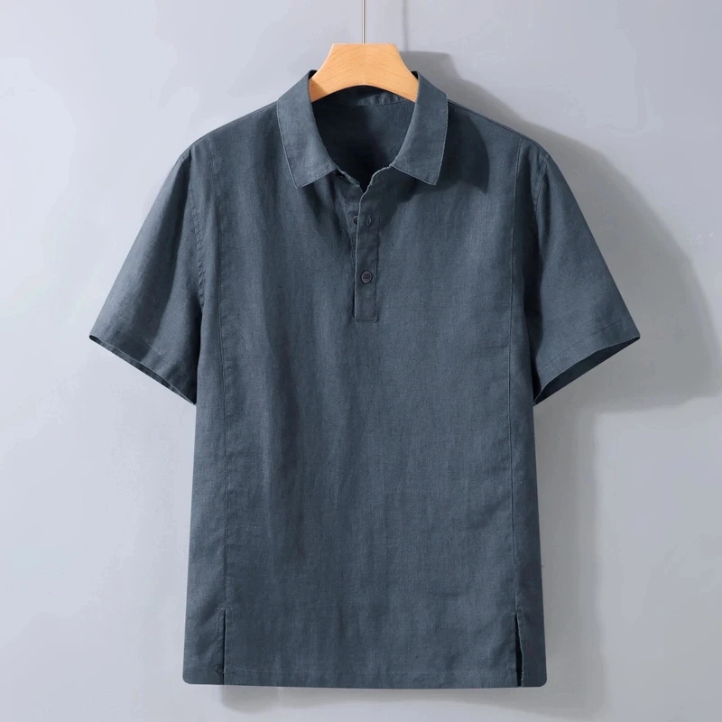 进口雨露棉麻短袖衬衫领T恤麻布男装商务休闲100%棉麻料polo衫t