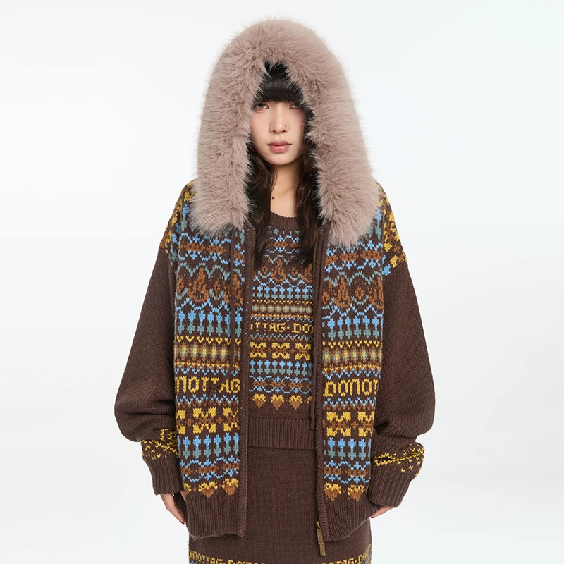 DNT/韩火火 复古时髦减龄费尔岛圆领毛衣拉链毛毛外套两版2025新