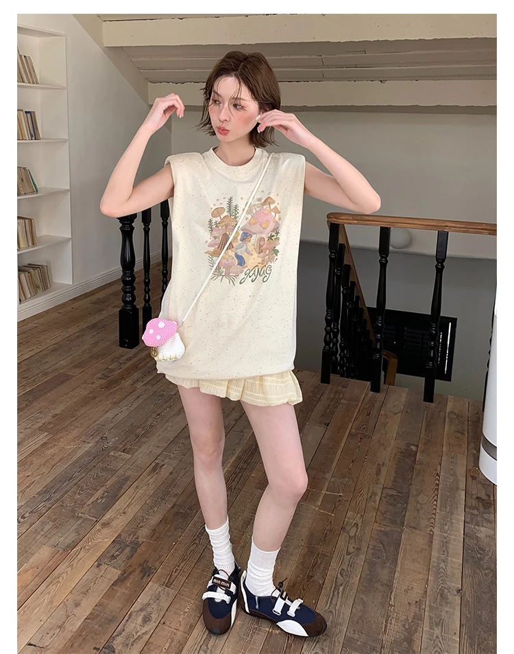 设计师品牌~2025夏季新品星空下的巨蘑菇林黑色垫肩T恤裙女