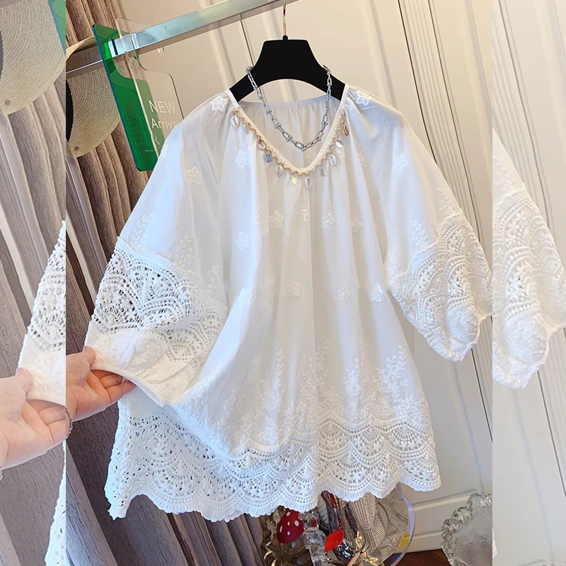 重工刺绣贝壳木耳领衬衫镂空大码设计韩系休闲显瘦百搭减龄时尚潮