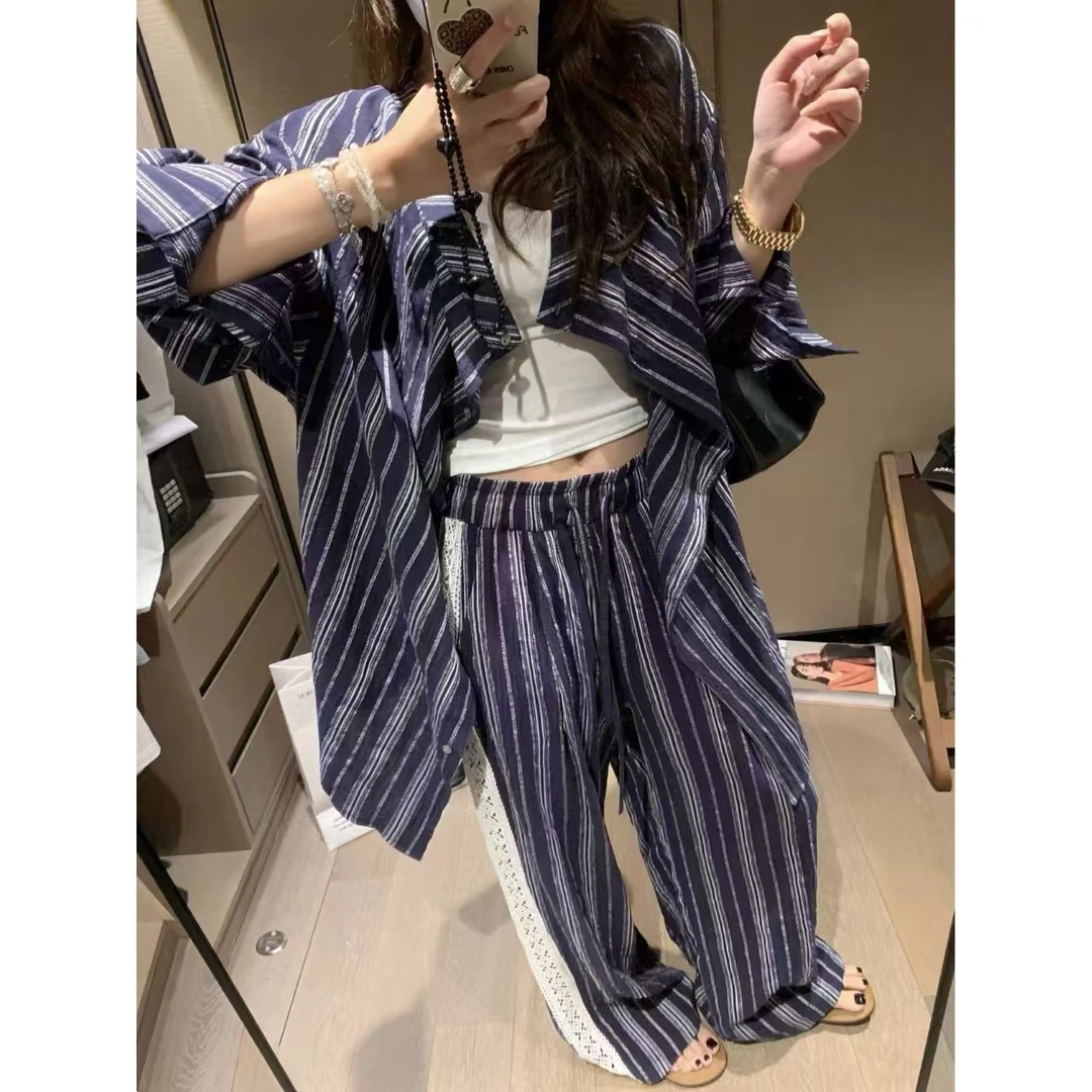 SP 不规则条纹衬衫女夏新款宽松慵懒长袖防晒显瘦衬衣上衣