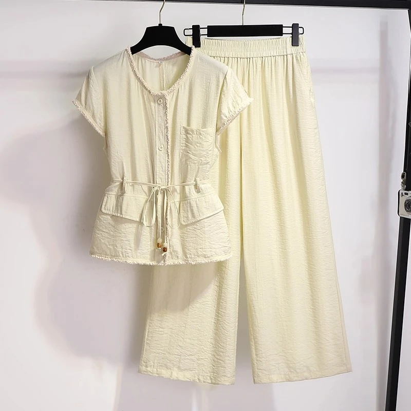 拉夏贝尔老钱风套装女夏季2025新款气质时尚一整套阔腿裤两件套潮