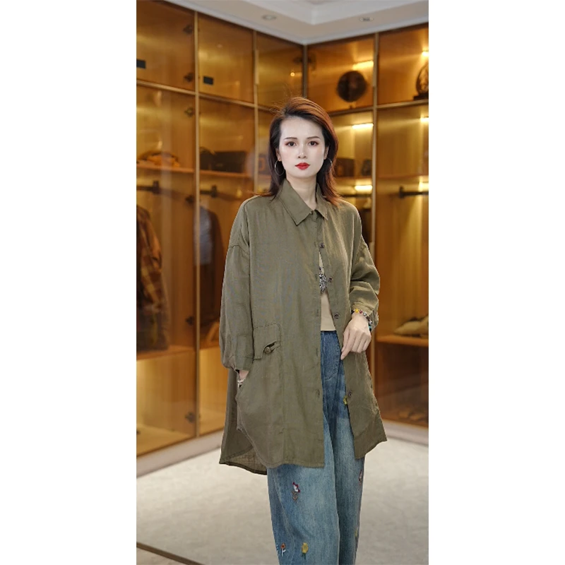 【100亚麻】长袖宽松型中长款口袋衬衫百搭上衣外套大码25042404