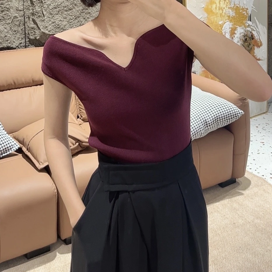 陈啾啾新款V领露肩短款显瘦针织短袖上衣HBZC915576 nnassa
