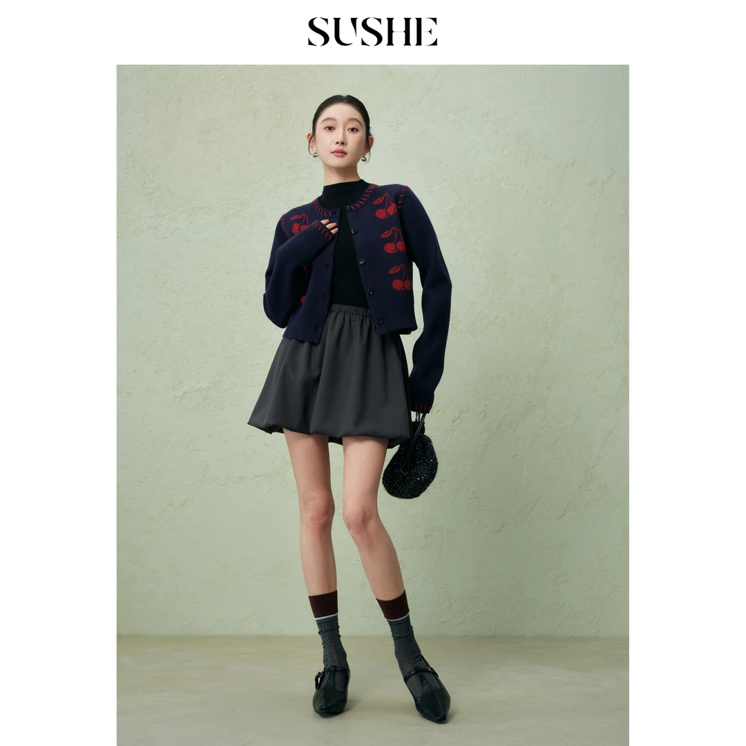 SUSHE 凝香 秋季甜美感天丝羊毛弹力撞色樱桃针织开衫外套女