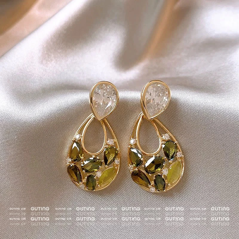 铜合金合成锆石耳饰 20108大小水滴镂空撞色耳坠耳环轻奢高级耳钉