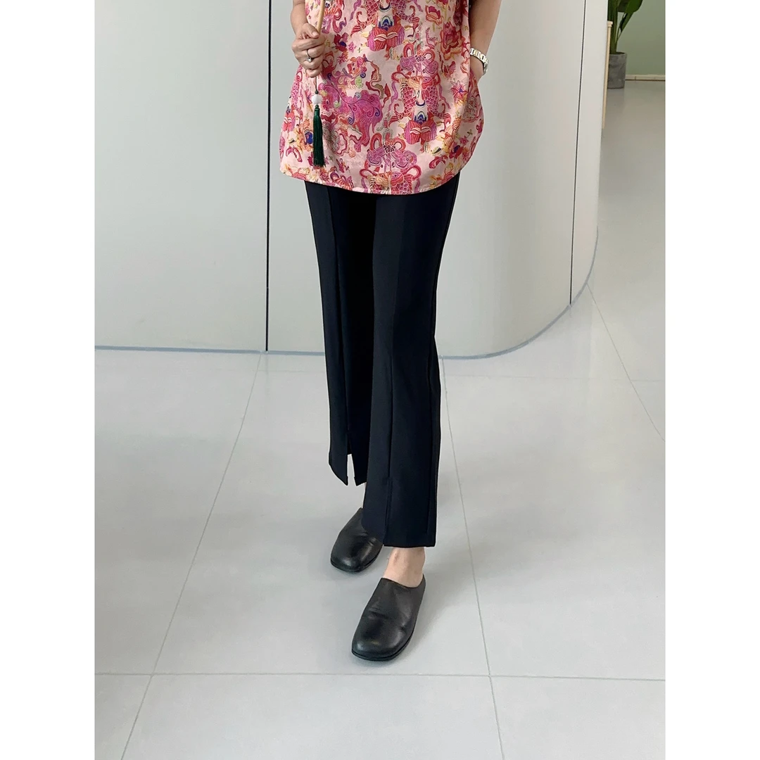 微胖女装【长腿剪刀裤】腰头拼接字母前开衩小喇叭裤新款显瘦9112