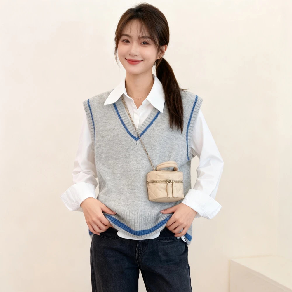 秋冬小众设计感复古休闲宽松v领无袖针织马甲+polo领长袖衬衫套装