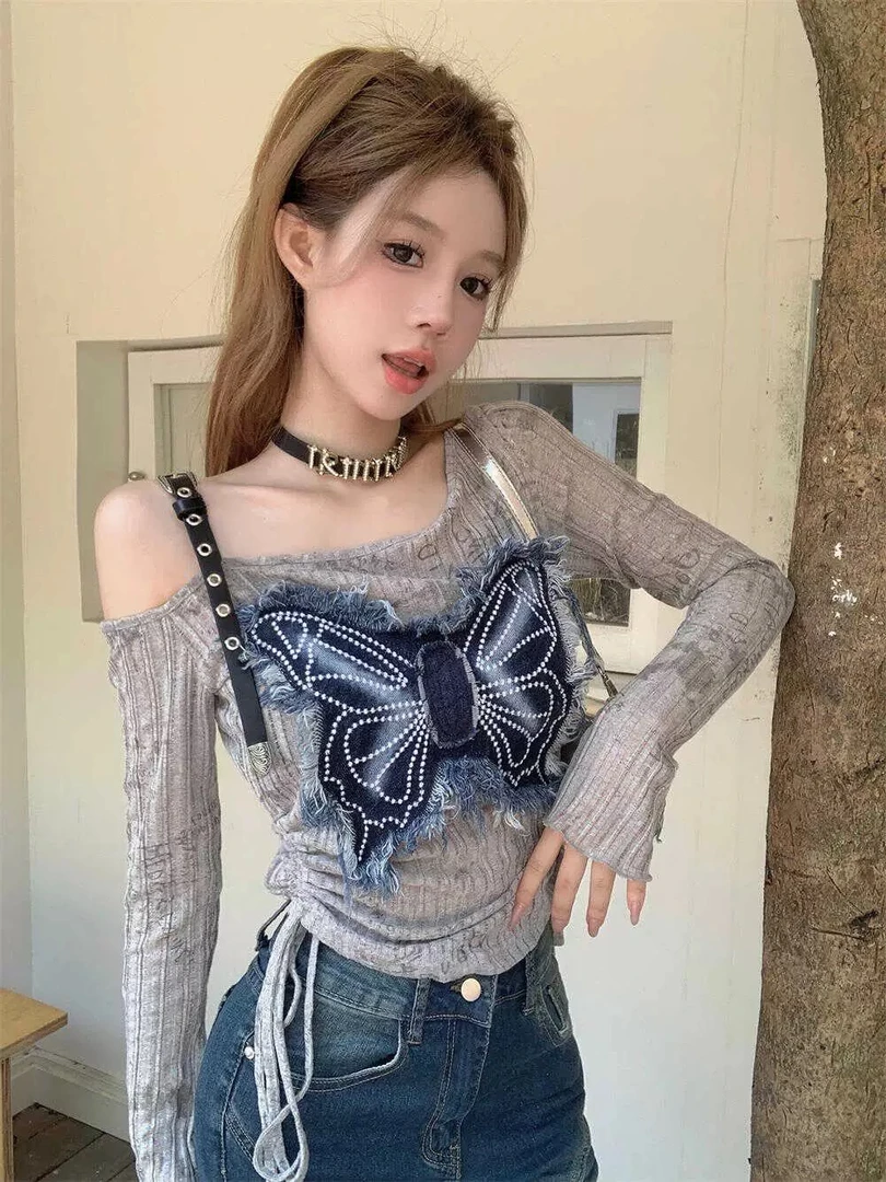 P 设计感露肩长袖蝴蝶上衣女辣妹显瘦抽绳款式春夏季