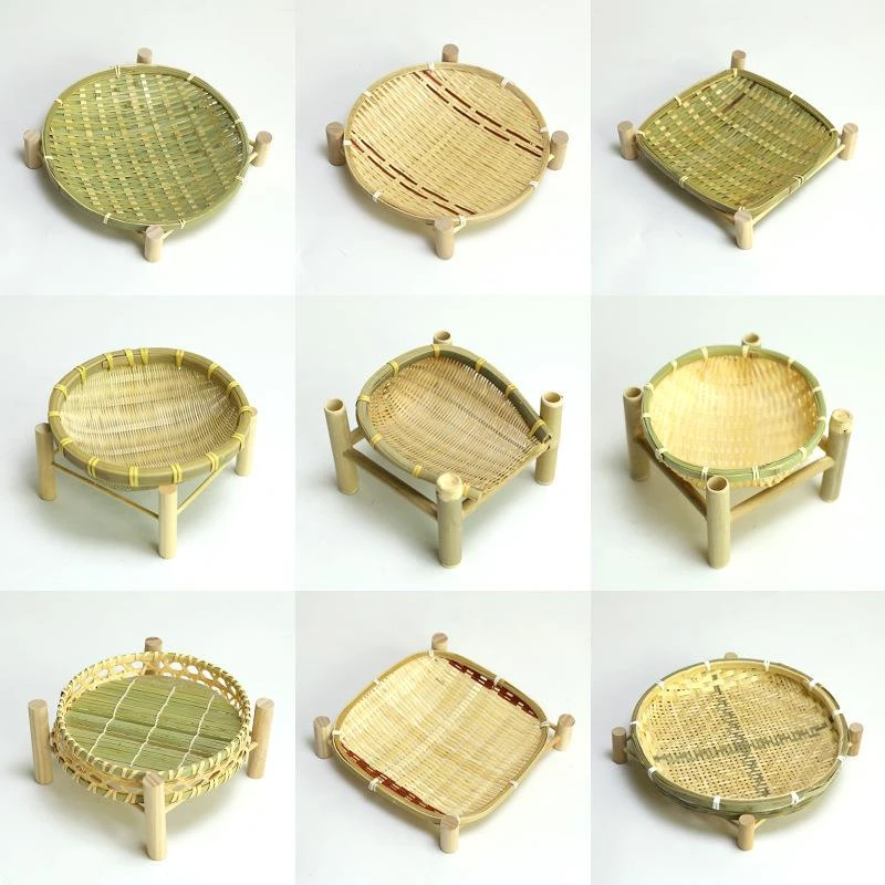 竹编带架篮零食筐簸箕家用水果收纳篮农家饭店餐盘架子篮手工装饰