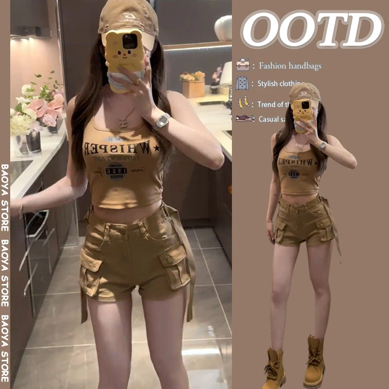 时尚套装女2025夏季新款美式辣妹印花吊带背心工装牛仔短裤两件套