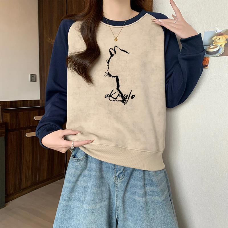 美式复古扎染插肩袖圆领卫衣女无帽秋冬季加绒加厚宽松慵懒风上衣