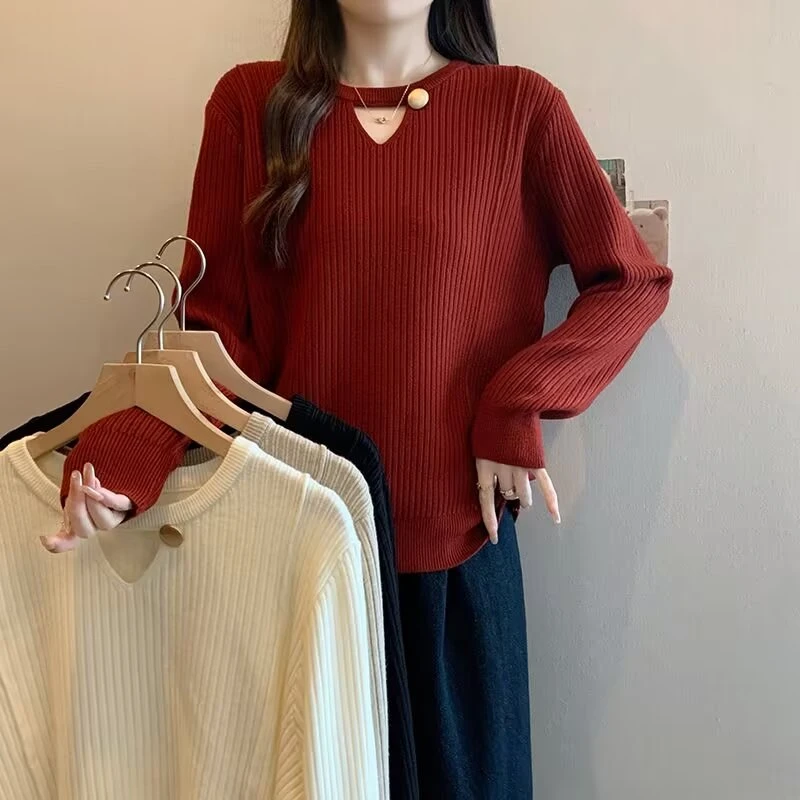 大妈胖mm设计感显瘦v领长袖针织内搭打底衫洋气减龄遮肚毛衣3736