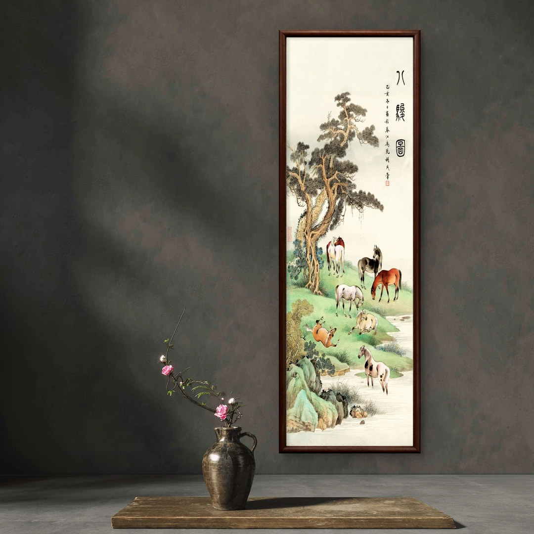 9691 -40*120八骏图装饰画实木玄关书房茶室客厅挂画