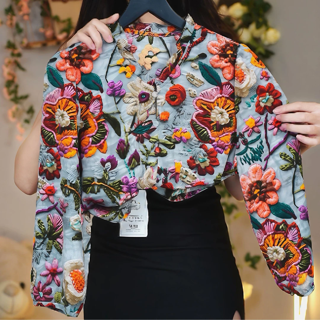 01-手绘V领套头夏季七分袖碎花衬衫小众显瘦修身设计感时尚上衣女