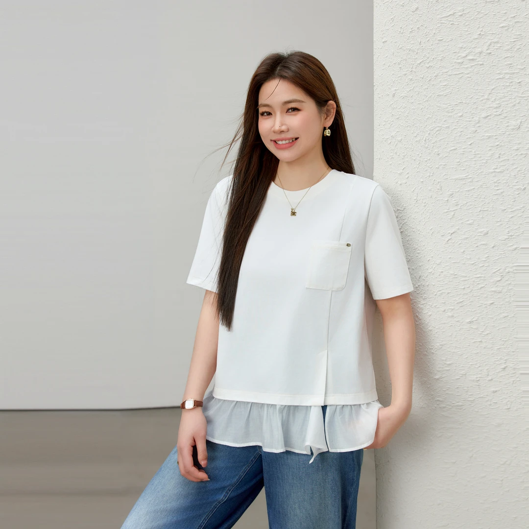 【沉雾颂歌】纤莉秀W大码女装拼接设计感正肩圆领显瘦短袖T恤QK1213